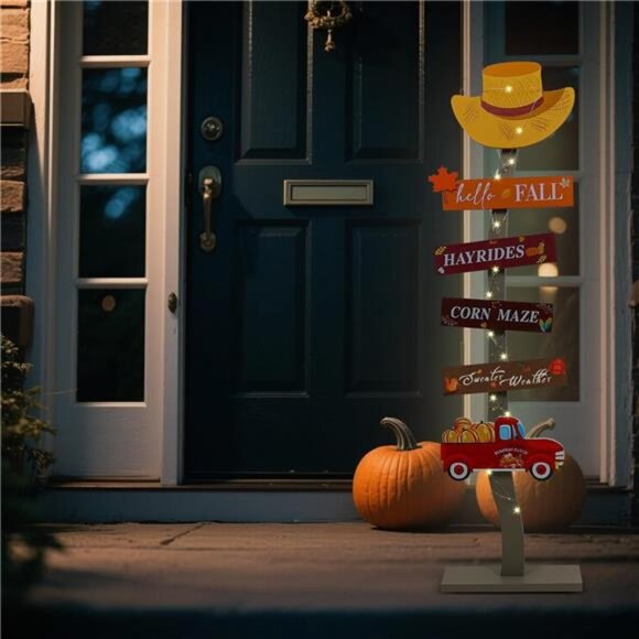 Lighted Hello Fall Wood Porch Sign Thanksgiving Welcome Door Decorations Autumn - Picture 6 of 8